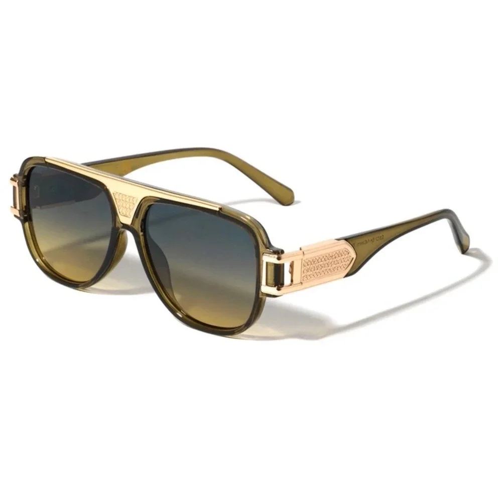 Mens Fashion Designer‎ Sunglasses Olive Green Gold Frame Gradient Lens Eyewear